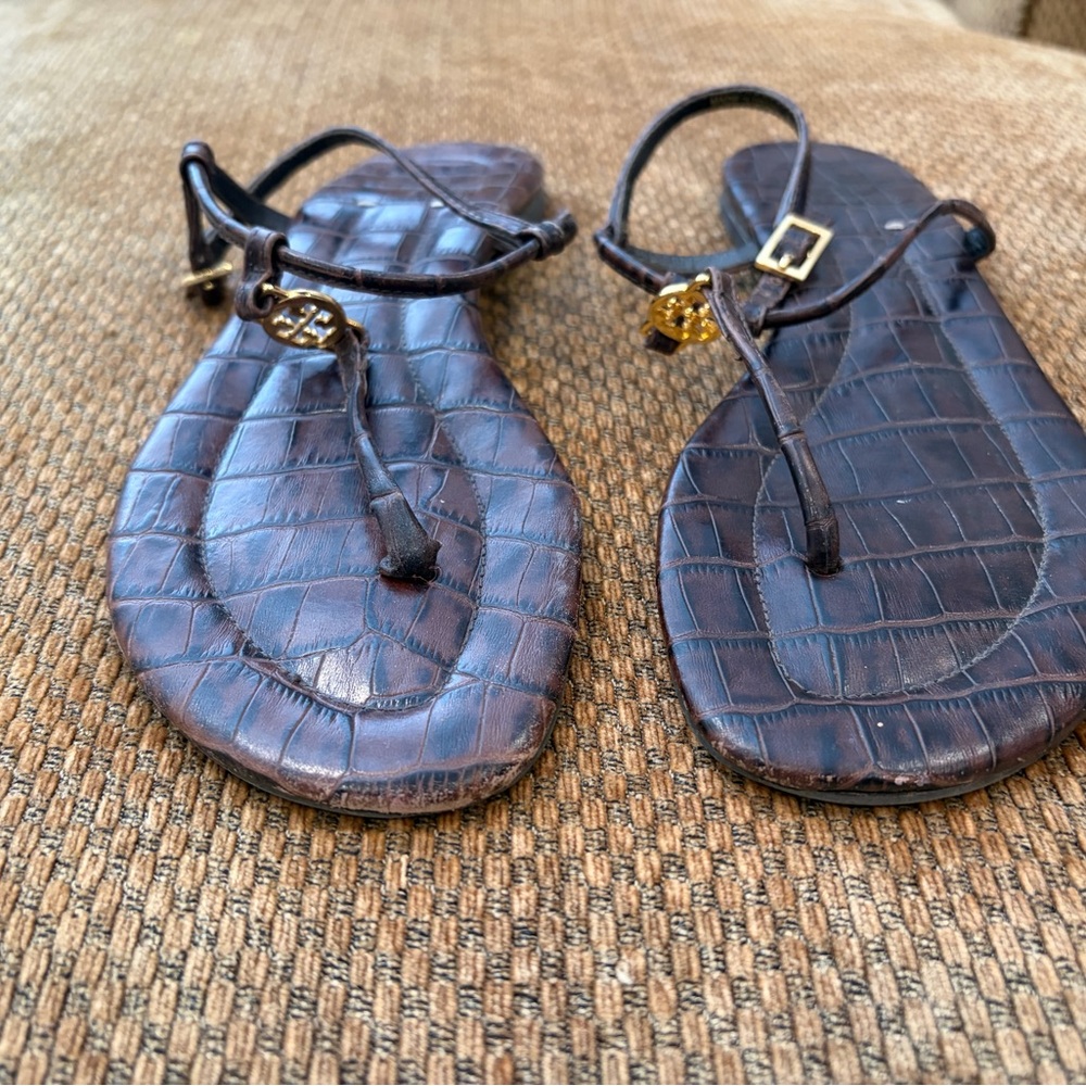 Tory Burch Brown Croc-Embossed Sandals with Gold Accents